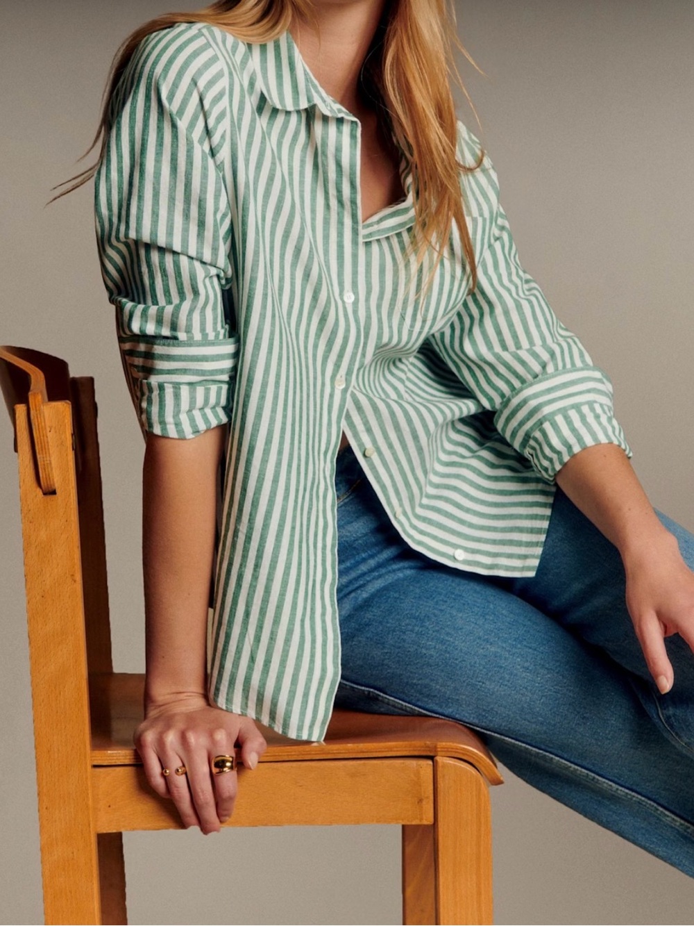 Sezane Tomboy Green and White Vertical Stripe Button-Down Shirt - Picture 2 of 7